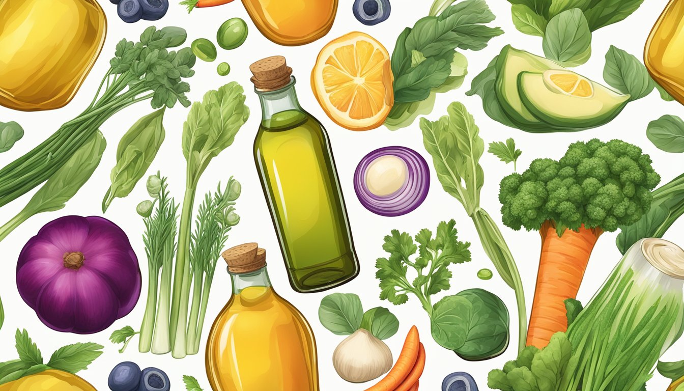 A bottle of cold-pressed camelina oil surrounded by a variety of fresh, vibrant vegetables and fruits, showcasing its health benefits and nutritional profile