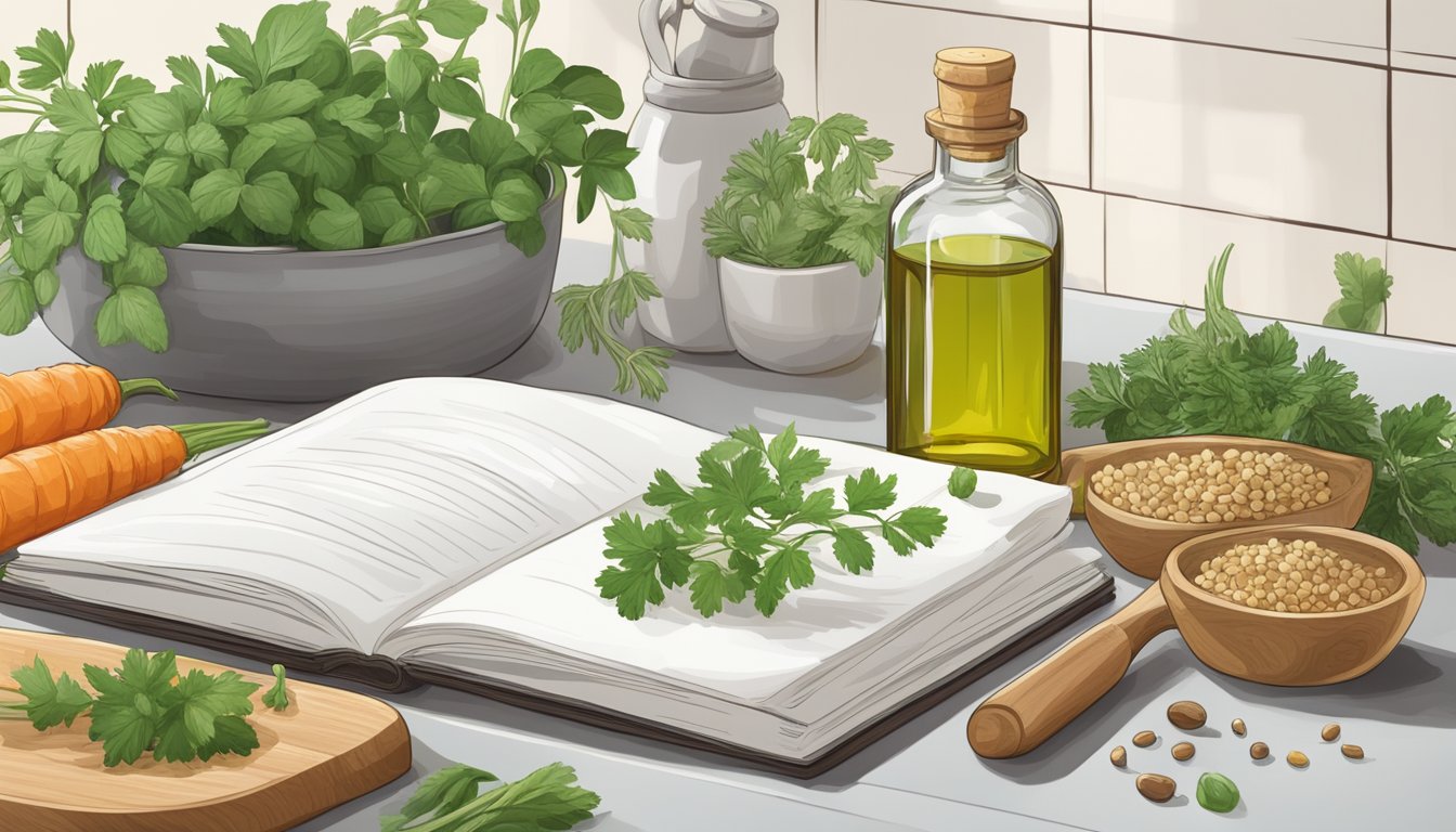 A bottle of cold pressed coriander seed oil sits on a kitchen counter, surrounded by fresh herbs and spices. An open cookbook with alternative recipes is nearby