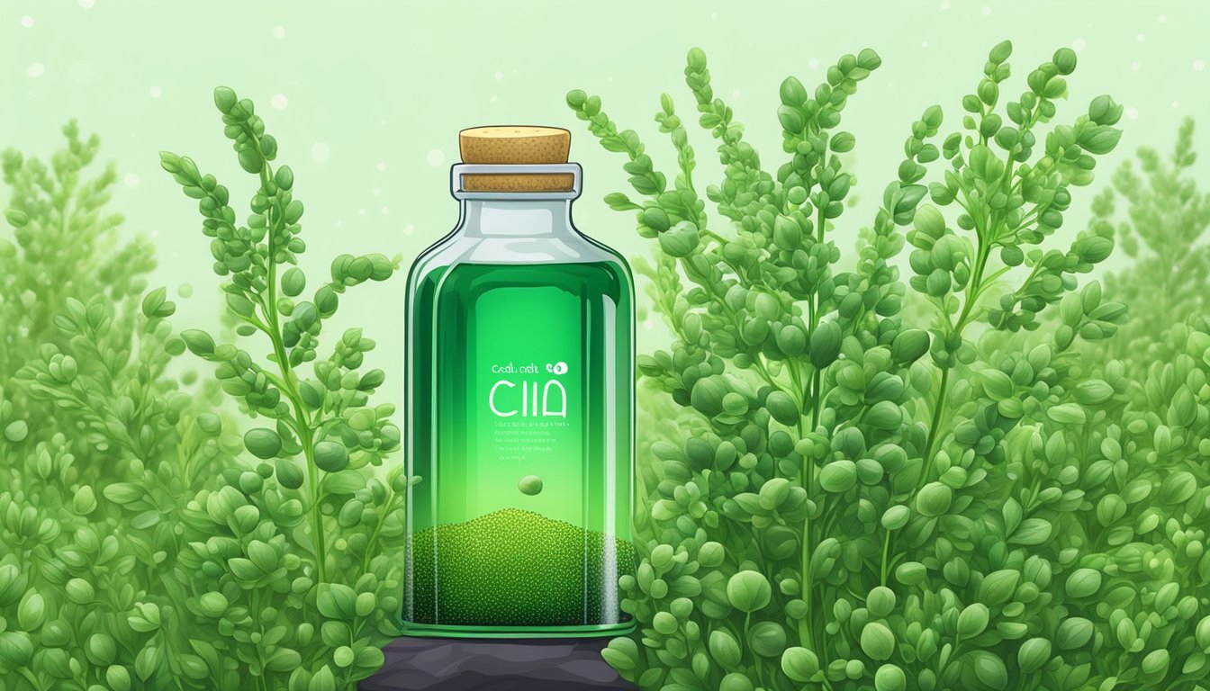 A glass bottle of cold pressed chia seed oil surrounded by fresh chia seeds and vibrant green chia plants