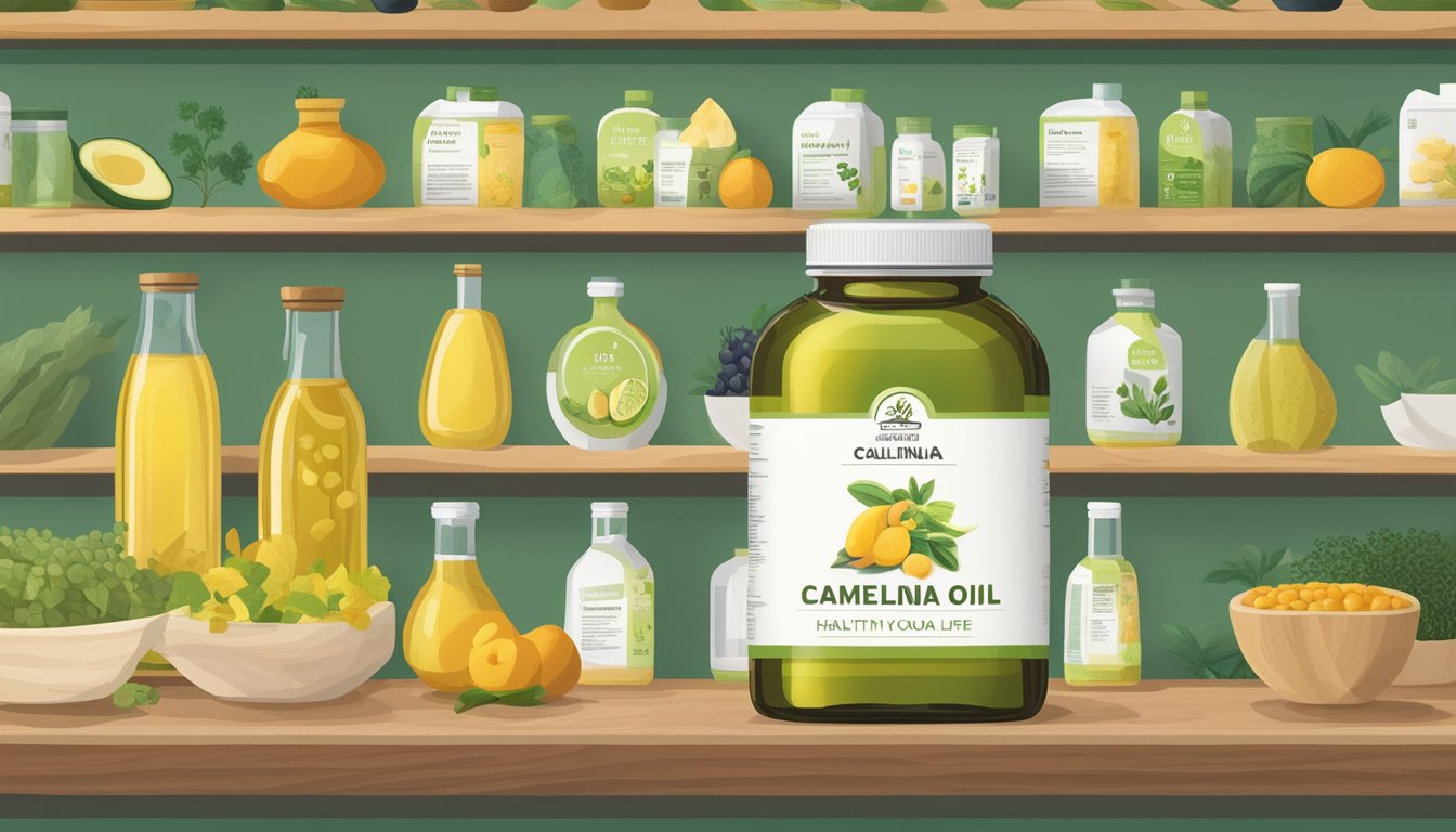 A bottle of cold-pressed camelina oil sits on a shelf, surrounded by images of healthy foods and a label indicating a long shelf life