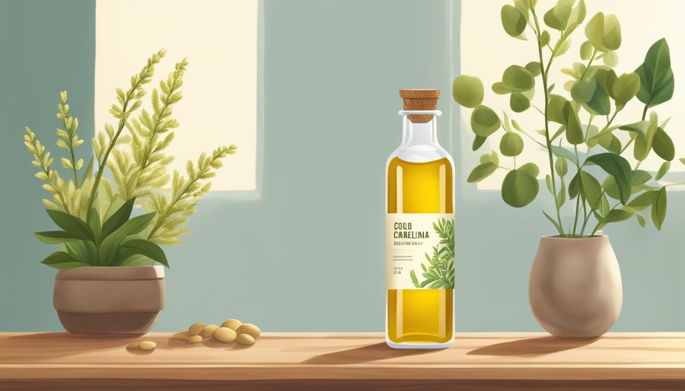 A bottle of cold pressed camelina oil sits on a wooden shelf, surrounded by botanicals and natural elements, with soft light casting a warm glow