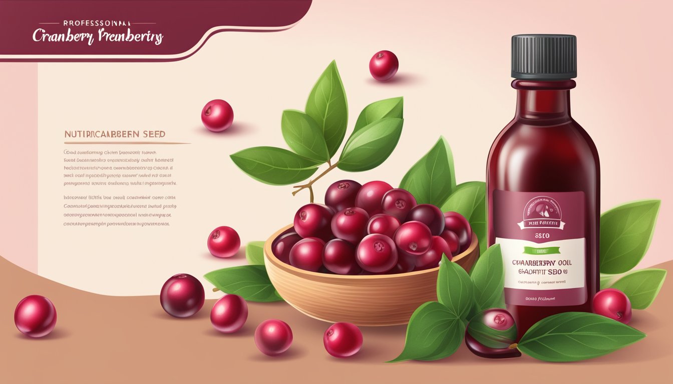 A bottle of cold pressed cranberry seed oil surrounded by fresh cranberries and cranberry leaves, with a label listing its nutritional composition and health benefits