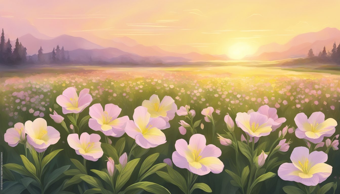 A serene field of evening primrose flowers, bathed in the soft light of the setting sun, with a gentle breeze carrying the sweet scent through the air