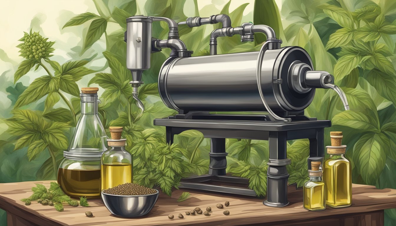 A vintage press extracting oil from castor seeds, surrounded by fresh castor plants and bottles of cold pressed oil