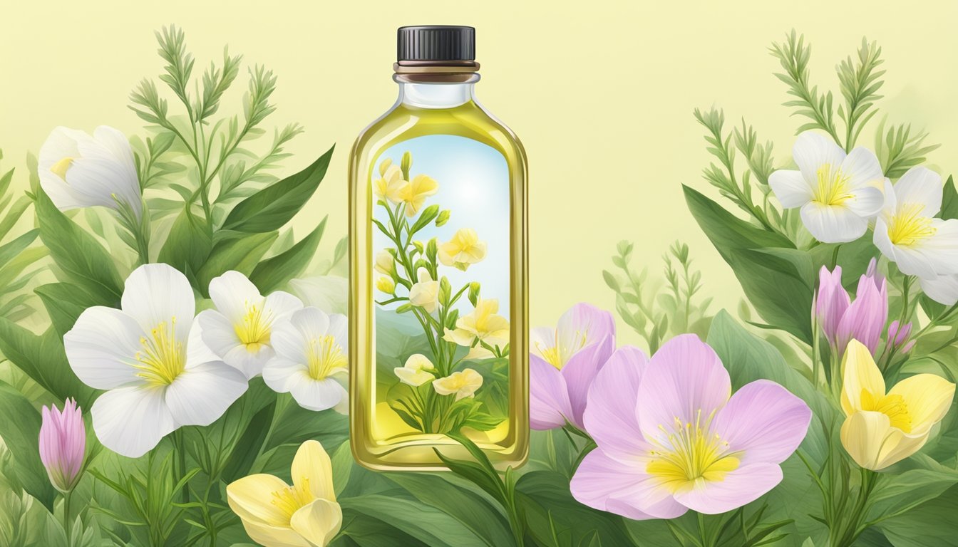 A bottle of cold pressed evening primrose oil surrounded by various plants and flowers, with a serene and natural background setting