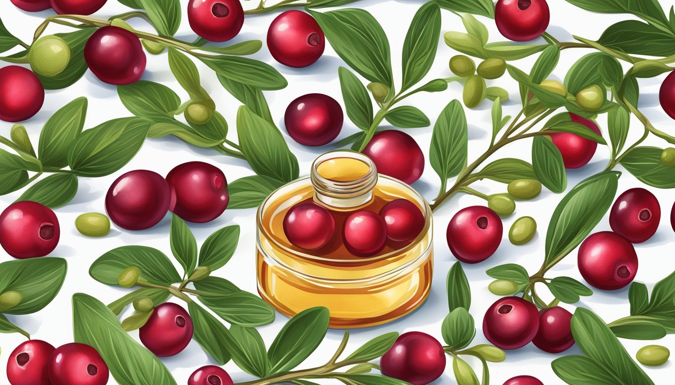 A bottle of cold pressed cranberry seed oil surrounded by fresh cranberries and cranberry plants