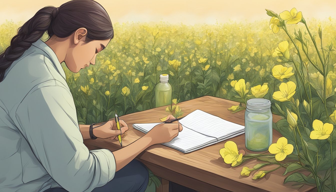 A serene field of evening primrose flowers being gently pressed to extract oil, with a scientist observing and taking notes on the process