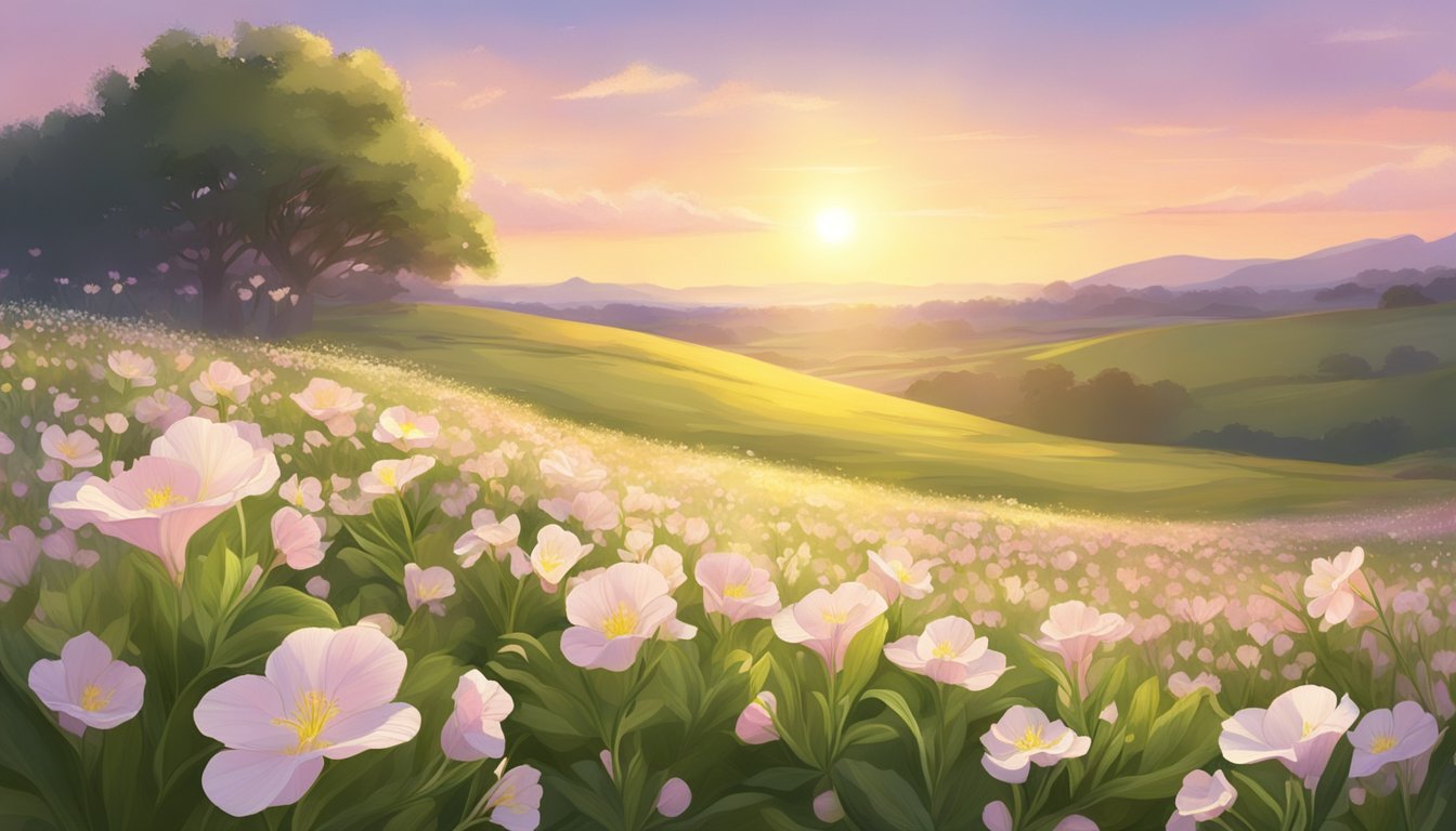 A serene field of evening primrose flowers bathed in the soft light of the setting sun, with a gentle breeze blowing through the landscape