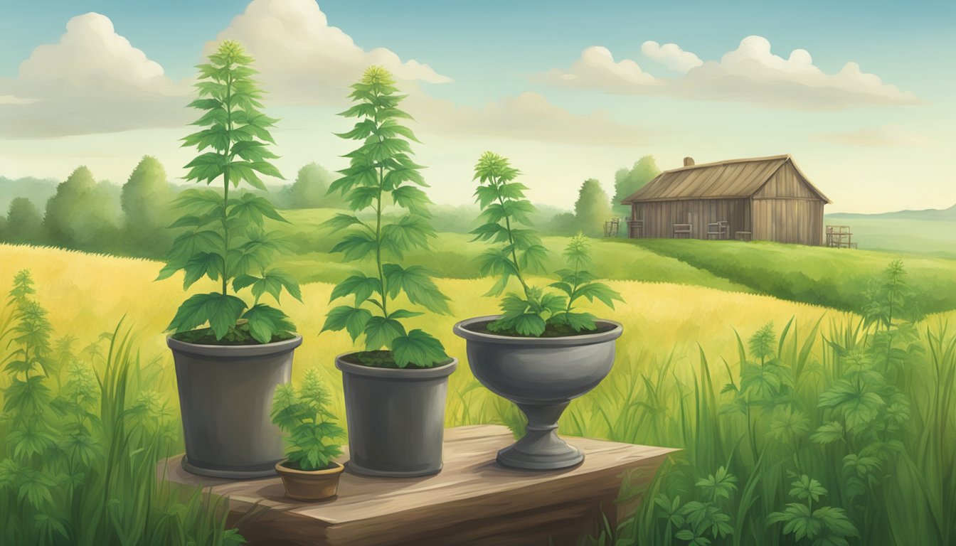 A serene, green field with castor plants in the foreground and a small, rustic apothecary set in the background