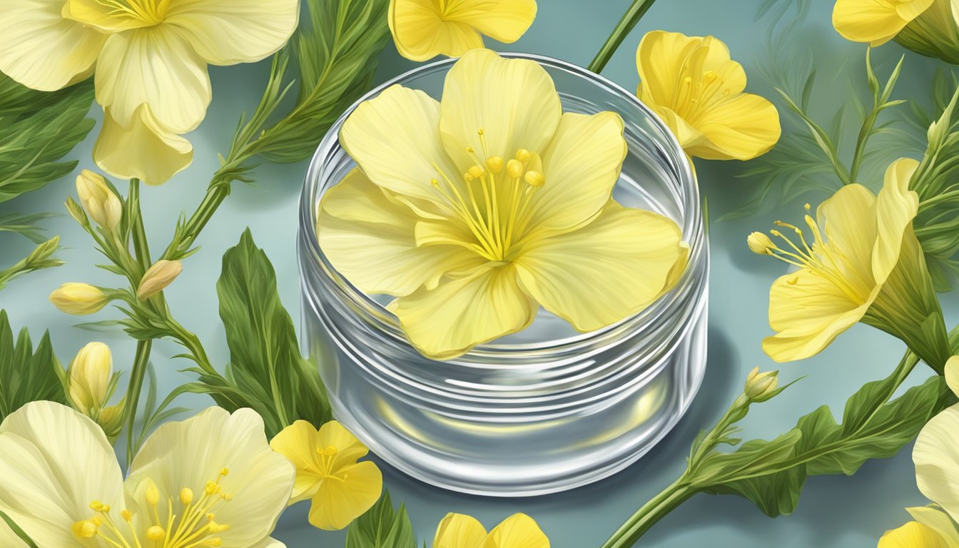 A serene field of evening primrose flowers being gently pressed to extract their oil, with the golden liquid flowing into a glass bottle