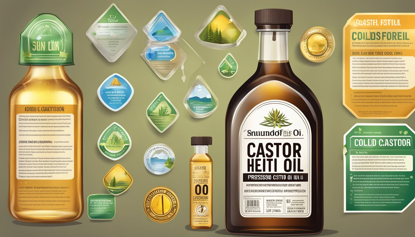 A bottle of cold pressed castor oil surrounded by various health warnings and caution signs