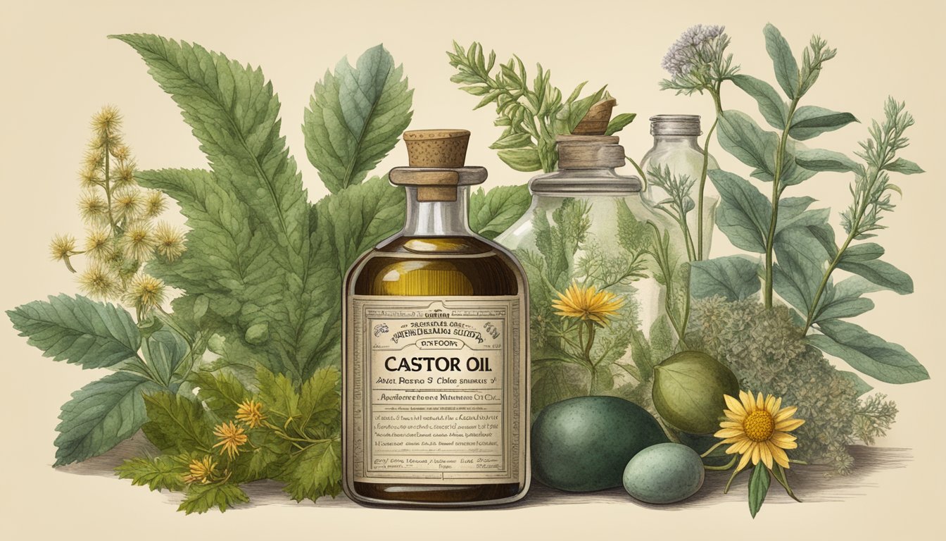 A vintage apothecary bottle of cold pressed castor oil surrounded by botanical specimens and historical medical texts