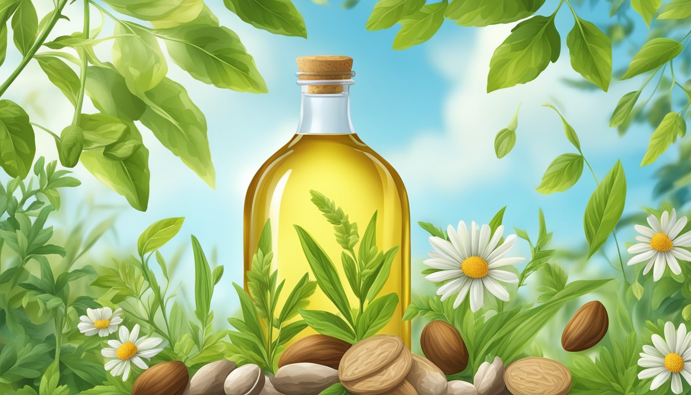 A bottle of cold pressed flaxseed oil surrounded by a variety of seeds and nuts, with a background of green leaves and a clear blue sky