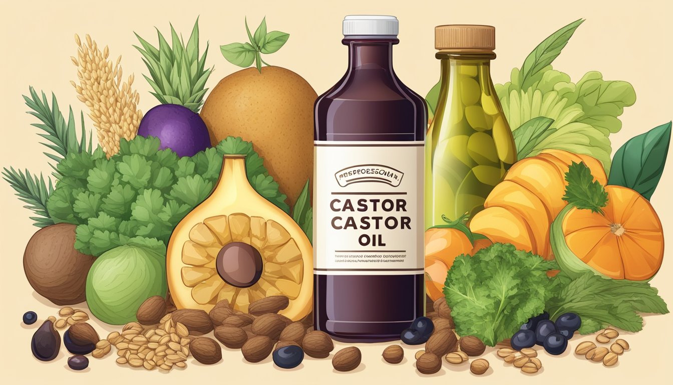 A bottle of cold pressed castor oil surrounded by various fruits, vegetables, and grains, symbolizing its role in nutrient absorption and digestive health