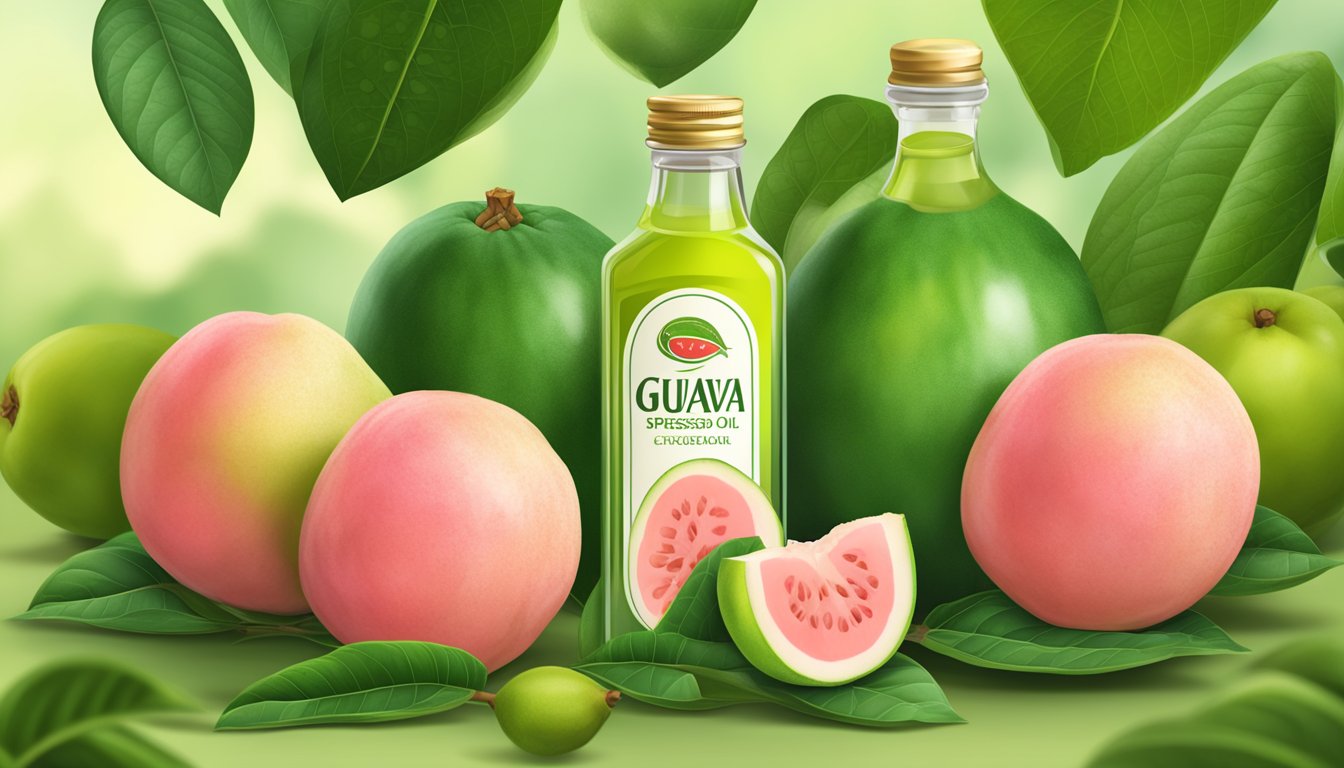 A bottle of cold-pressed guava seed oil surrounded by fresh guava fruits and leaves, with a background of a lush guava orchard