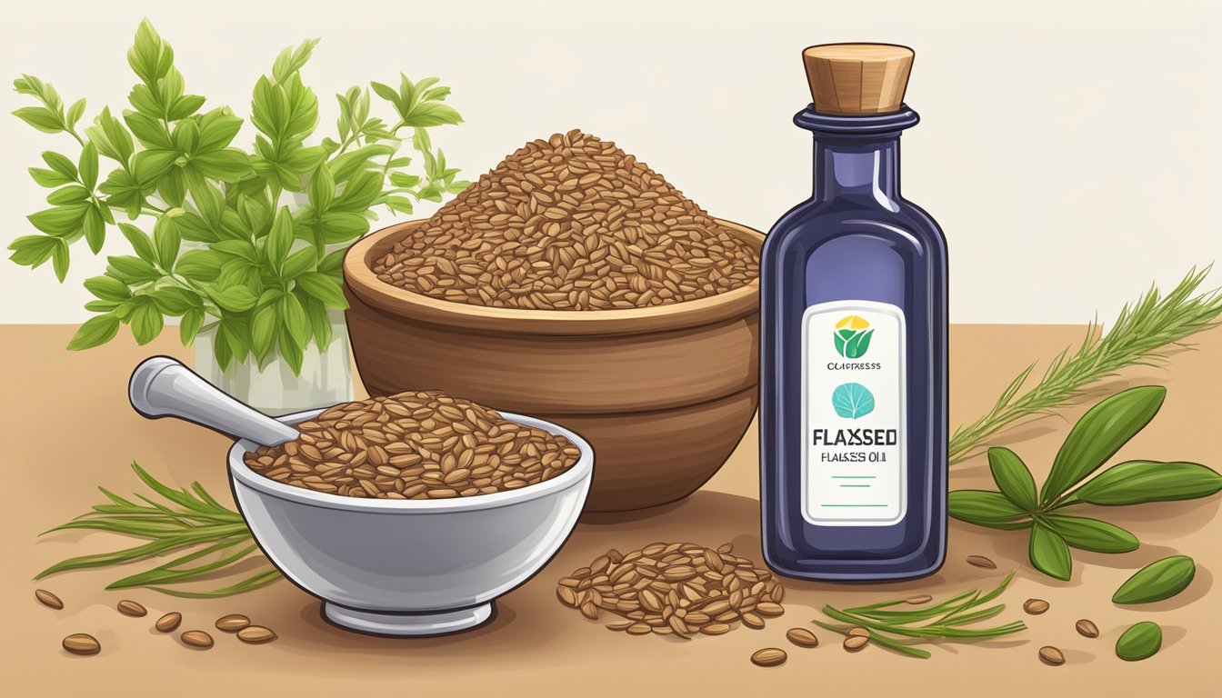 A bottle of cold pressed flaxseed oil surrounded by flaxseeds, a mortar and pestle, and a collection of fresh flax plants