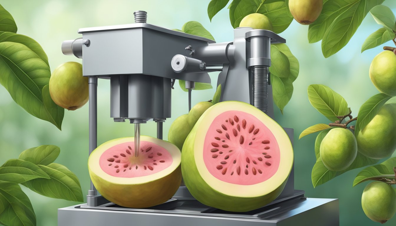 A guava tree with ripe fruit hanging from the branches, and a cold press machine extracting oil from the seeds