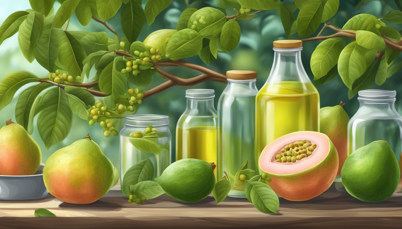 A guava tree with ripe fruit and seeds being cold pressed into oil, surrounded by bottles and jars for commercial and medicinal use