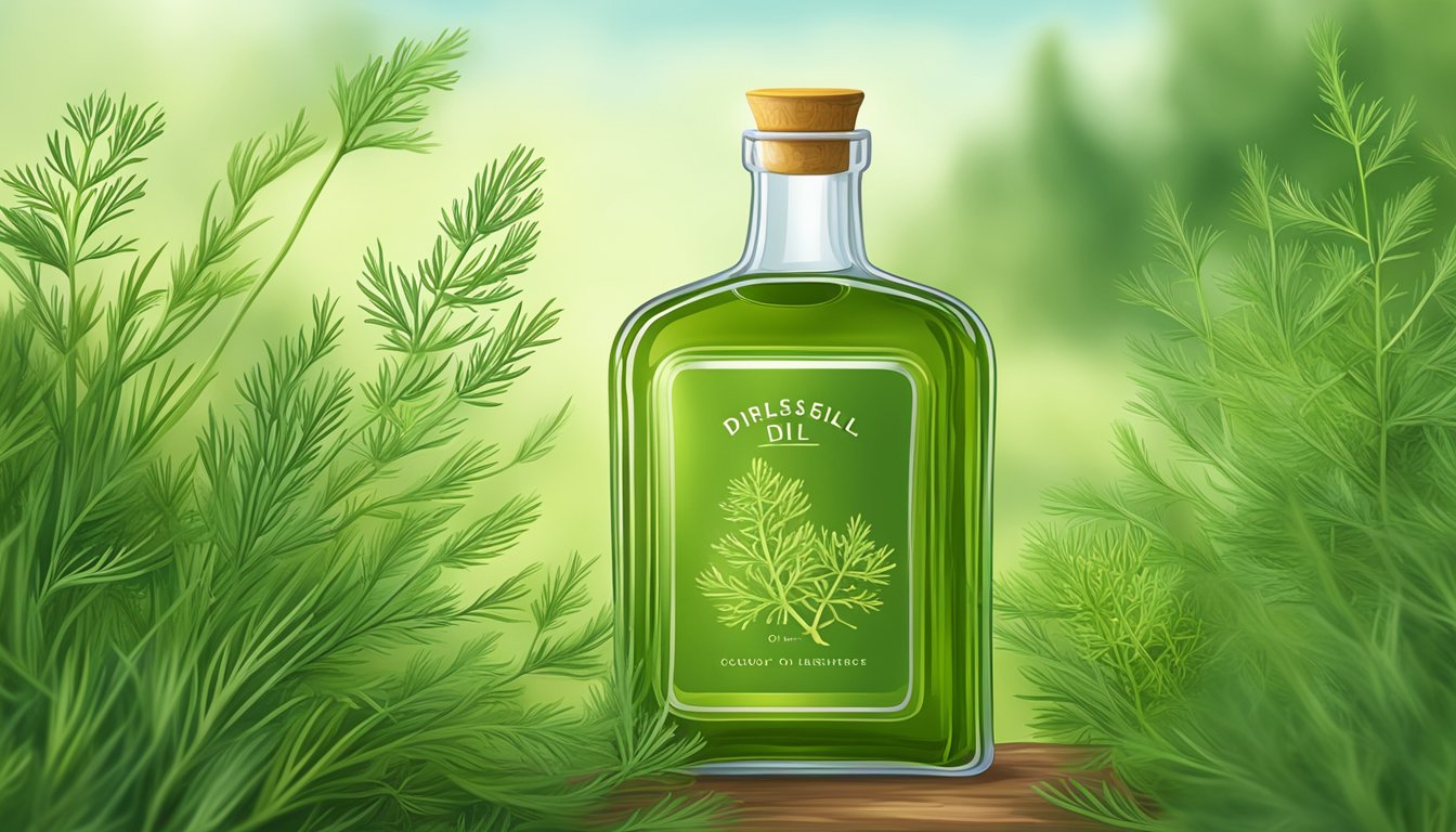 A glass bottle of cold pressed dill oil surrounded by fresh dill leaves and seeds, with a backdrop of a lush green field