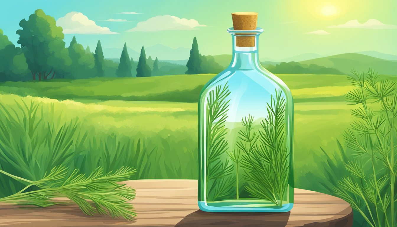 A bottle of cold-pressed dill oil surrounded by fresh dill leaves, with a background of vibrant green fields and a clear blue sky