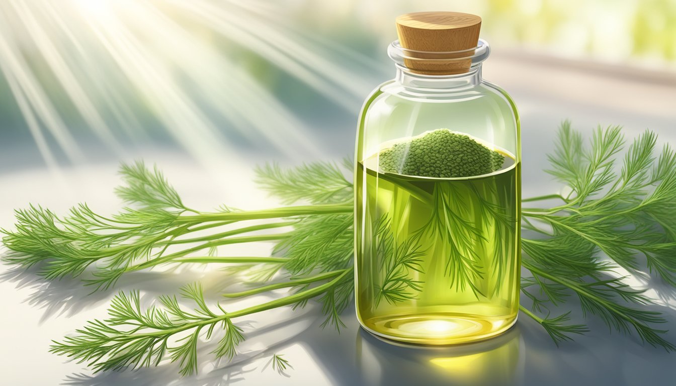 A clear glass bottle of cold pressed dill oil surrounded by fresh dill leaves and seeds, with rays of sunlight shining down on it