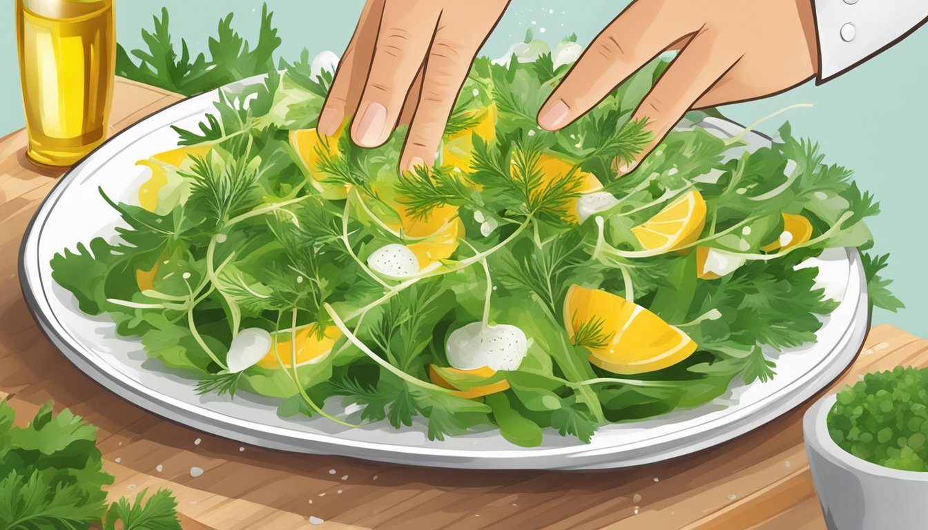 A chef drizzling cold pressed dill oil over a fresh salad, enhancing the flavors and adding health benefits