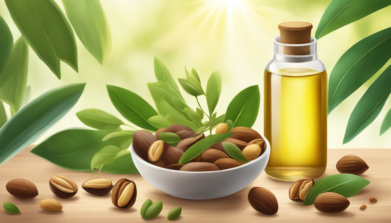 A bottle of cold pressed jojoba oil surrounded by various nuts and seeds, with a backdrop of lush green plants and sunlight streaming through the leaves