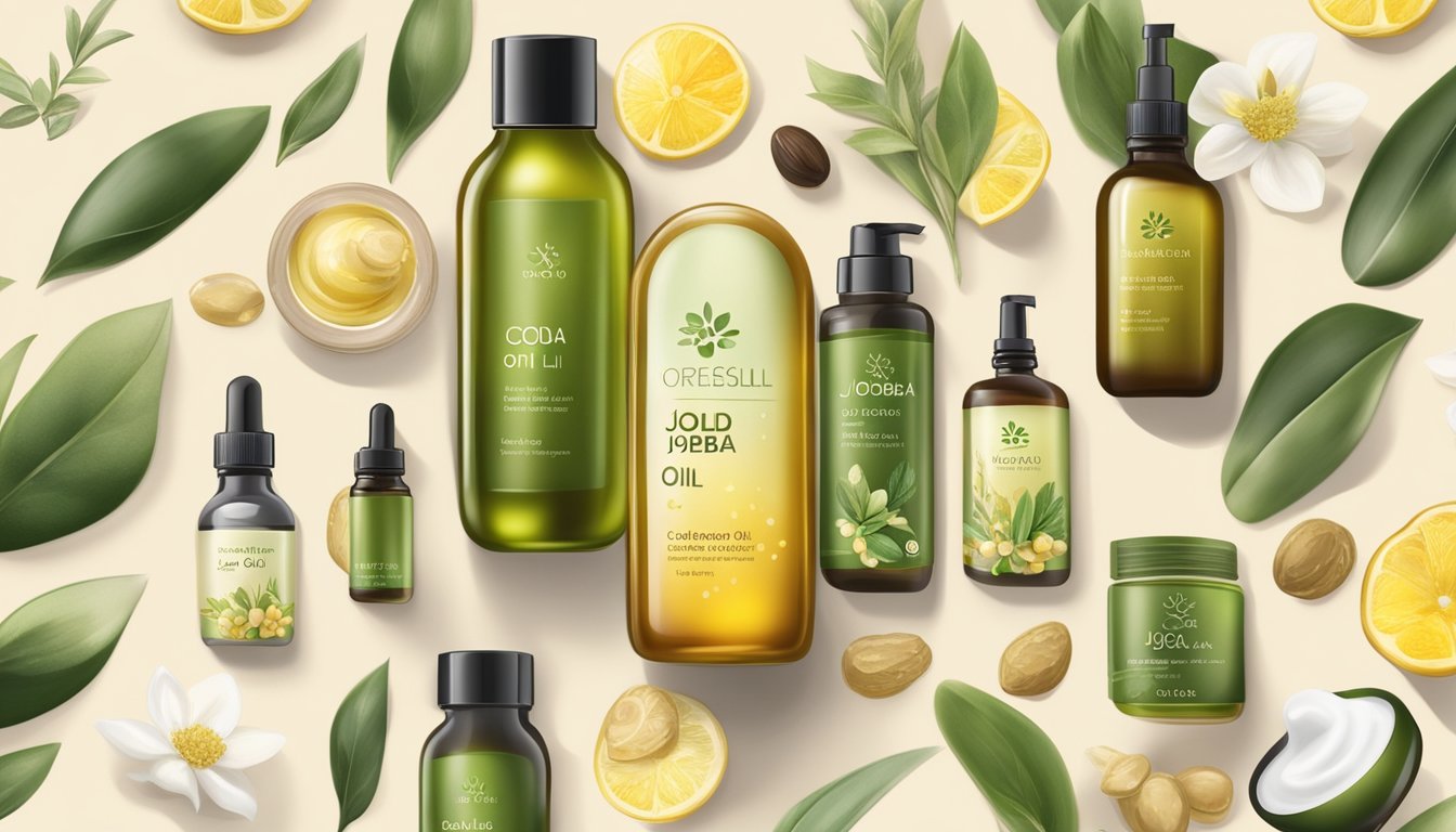 A bottle of cold pressed jojoba oil surrounded by various skincare products and natural ingredients, with a soft glow highlighting its health benefits