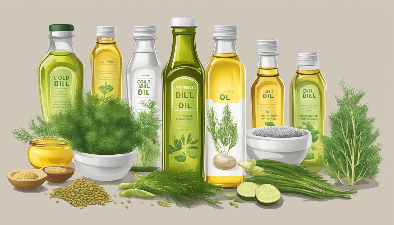 A bottle of cold pressed dill oil surrounded by various other healthy oils, with labels and ingredients displayed