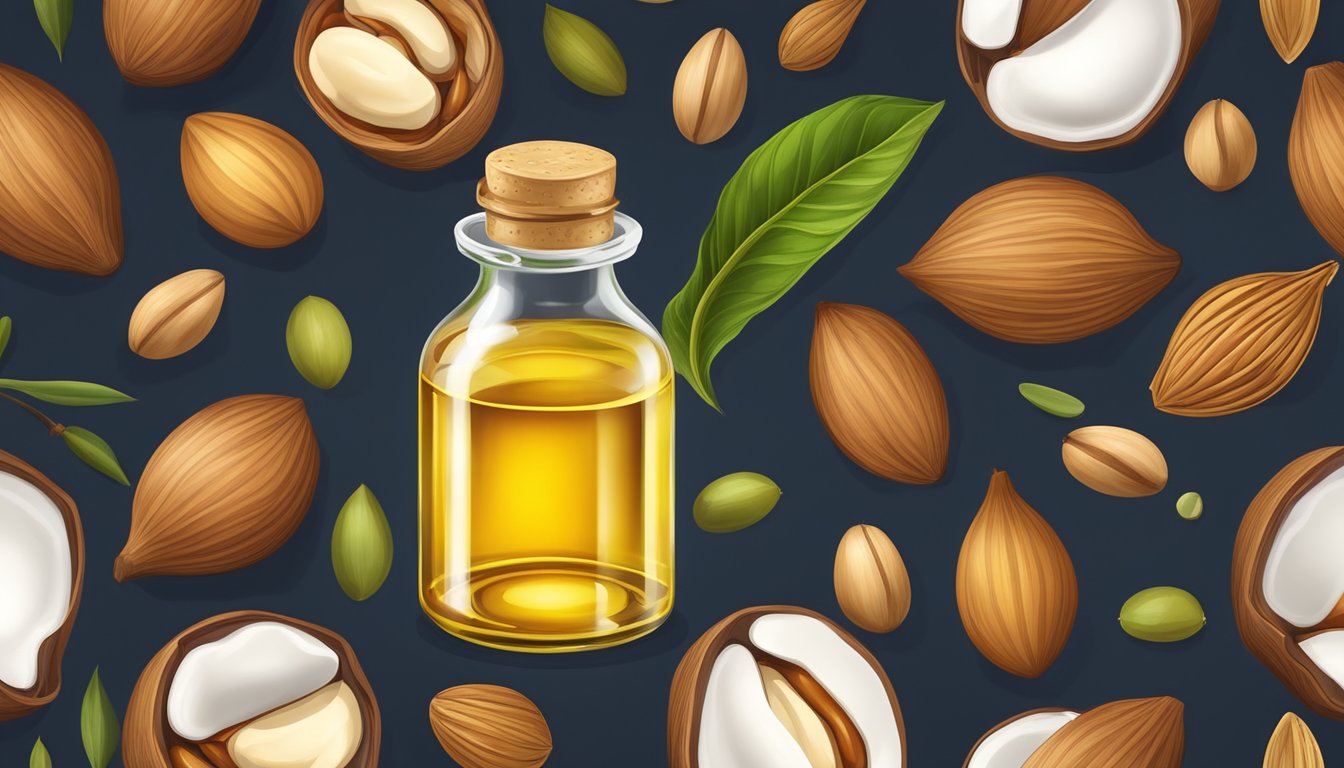 A bottle of cold-pressed macadamia nut oil surrounded by a variety of nuts and seeds, with a focus on the rich, golden color of the oil