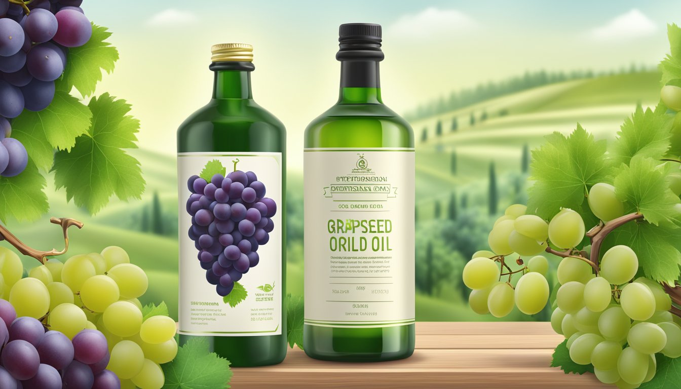 A bottle of cold-pressed grapeseed oil surrounded by fresh grapes, grapevines, and a nutritional information label