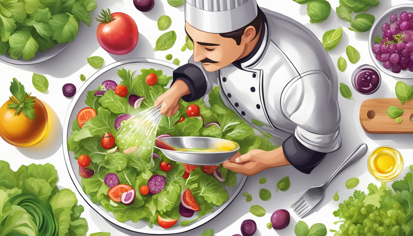 A chef drizzling cold pressed grapeseed oil onto a vibrant salad, showcasing its culinary uses and health advantages