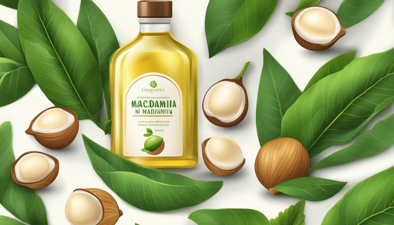 A bottle of cold pressed macadamia nut oil surrounded by fresh macadamia nuts and green leaves