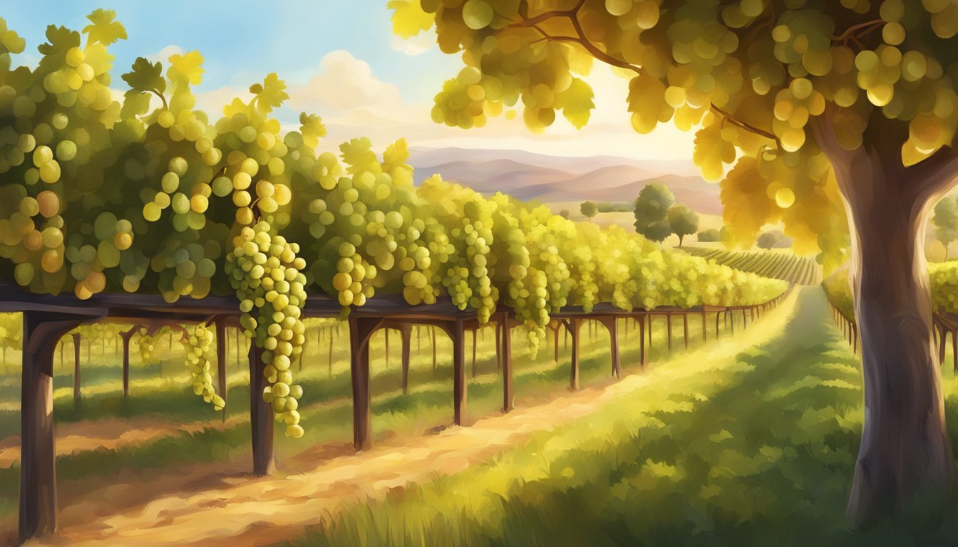 A serene vineyard bathed in golden sunlight, with ripe grapes hanging from the vines and a cold press machine extracting pure grapeseed oil