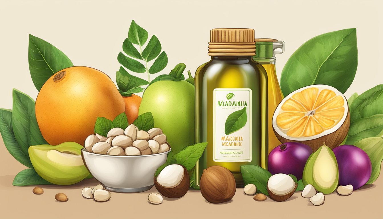 A bottle of cold pressed macadamia nut oil surrounded by fresh macadamia nuts and a variety of colorful fruits and vegetables