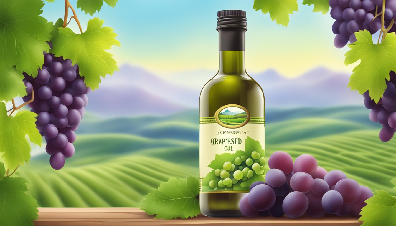 A bottle of cold pressed grapeseed oil surrounded by fresh grapes and grapevines, with a clear focus on the health benefits