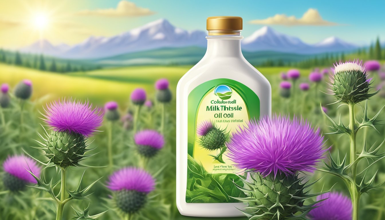 A bottle of cold pressed milk thistle oil surrounded by fresh milk thistle plants and seeds, with a background of a sunny field