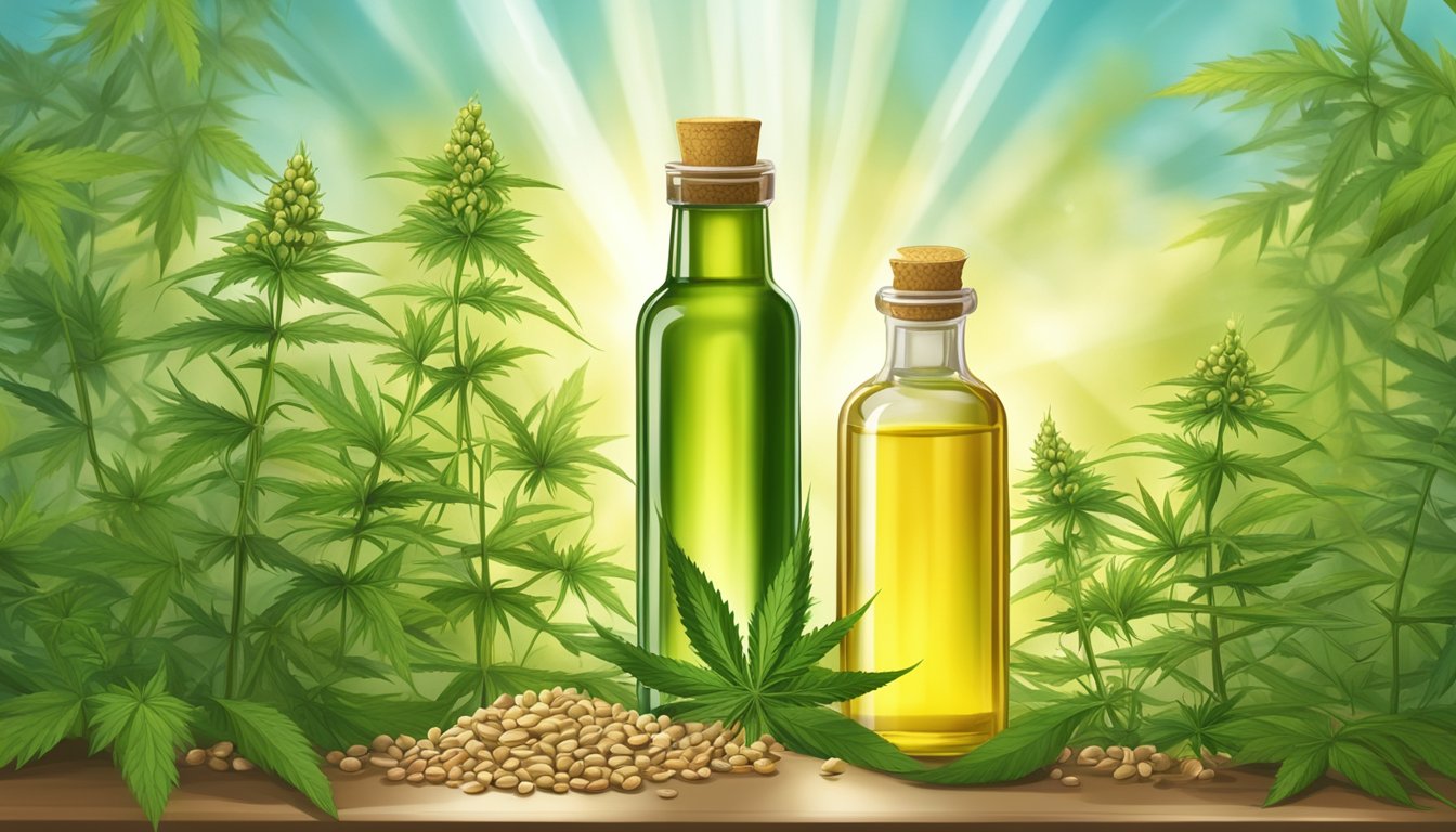 A bottle of cold pressed hempseed oil surrounded by various hemp plants and seeds, with rays of sunlight shining down on the scene