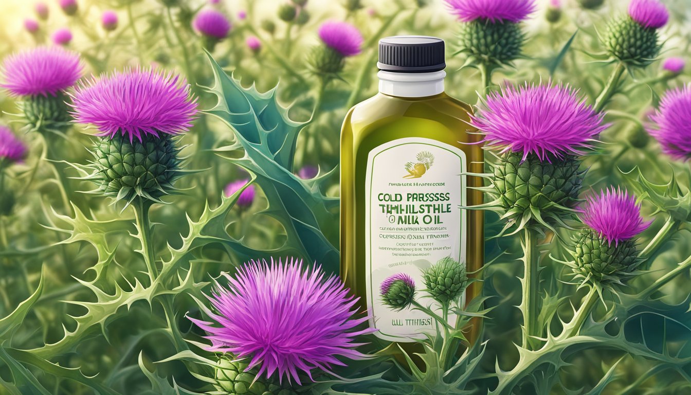 A bottle of cold pressed milk thistle oil surrounded by vibrant, blooming milk thistle plants in a lush, sunlit field