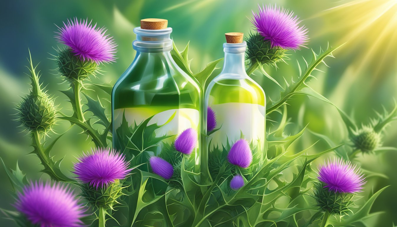 A bottle of cold-pressed milk thistle oil surrounded by vibrant green thistle plants, with rays of sunlight shining down on the scene