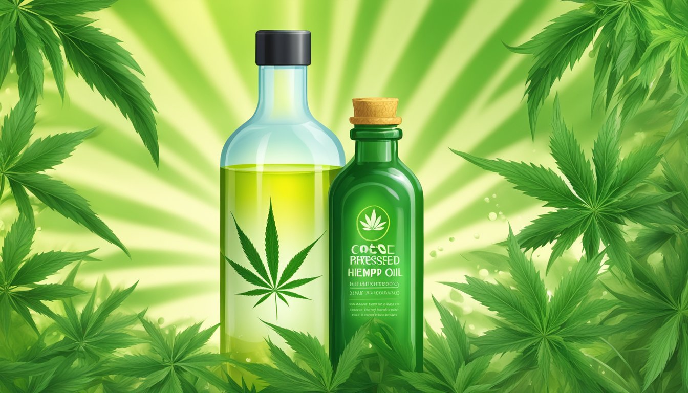 A bottle of cold-pressed hempseed oil surrounded by vibrant green hemp plants, with rays of sunlight highlighting its health benefits