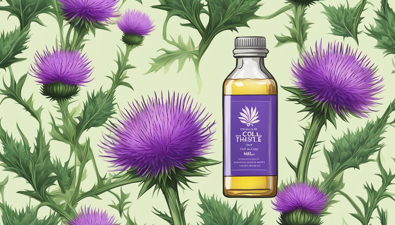 A bottle of cold pressed milk thistle oil surrounded by vibrant green milk thistle plants with purple flowers