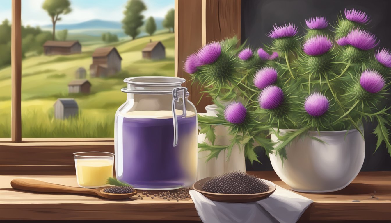 A serene countryside landscape with a rustic wooden press extracting milk thistle oil from seeds, surrounded by healthy milk thistle plants