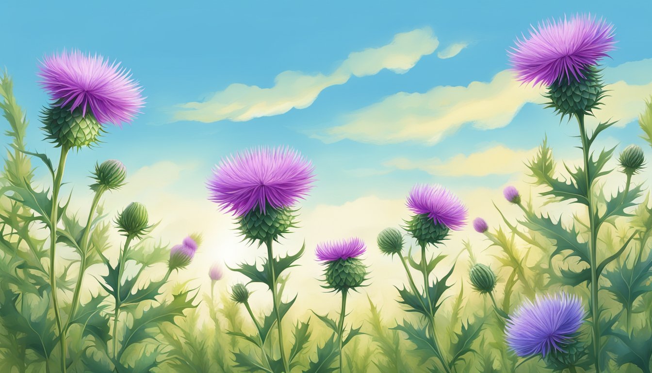 A serene meadow with blooming milk thistle plants, a gentle breeze, and a clear blue sky