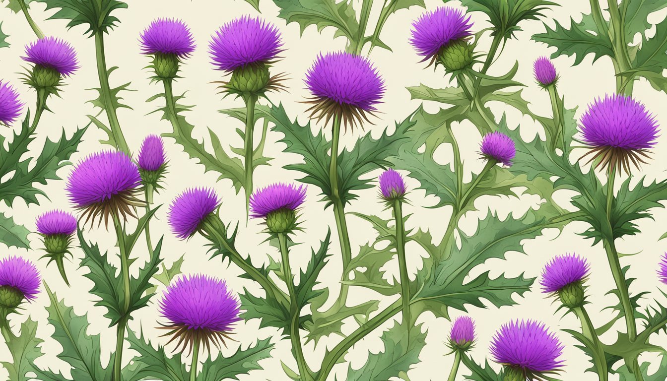 A bottle of cold pressed milk thistle oil surrounded by fresh thistle plants and a list of potential side effects