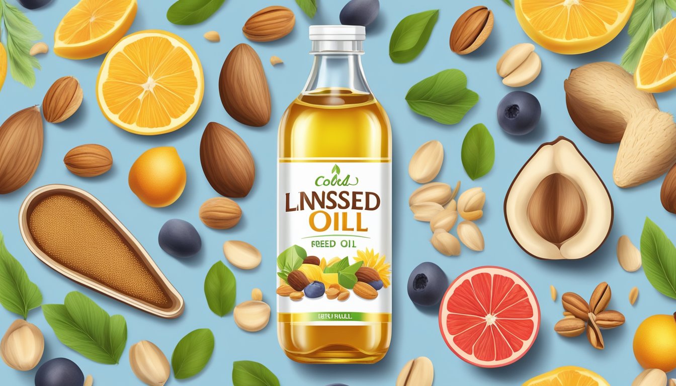 A bottle of cold-pressed linseed oil surrounded by a variety of nuts, seeds, and colorful fruits, with a clear focus on the health benefits