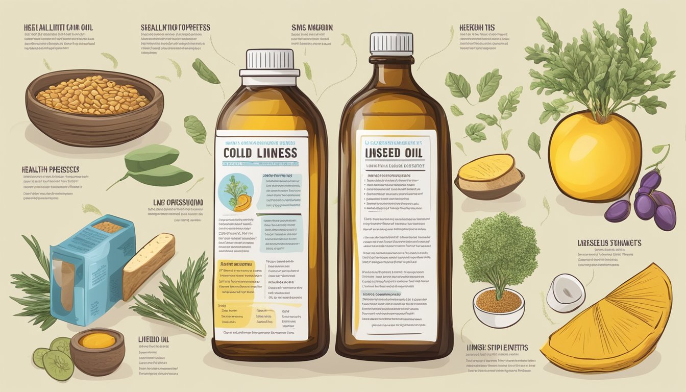 A bottle of cold-pressed linseed oil surrounded by images of healthy foods and a list of potential health concerns and side effects