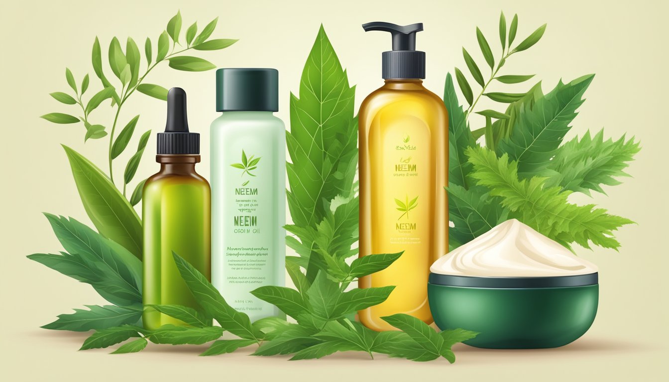 A bottle of cold pressed neem oil surrounded by fresh neem leaves and a variety of skincare and health products