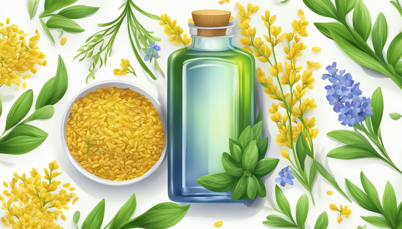 A bottle of cold pressed linseed oil surrounded by vibrant, fresh flaxseeds and a scattering of green leaves and flowers