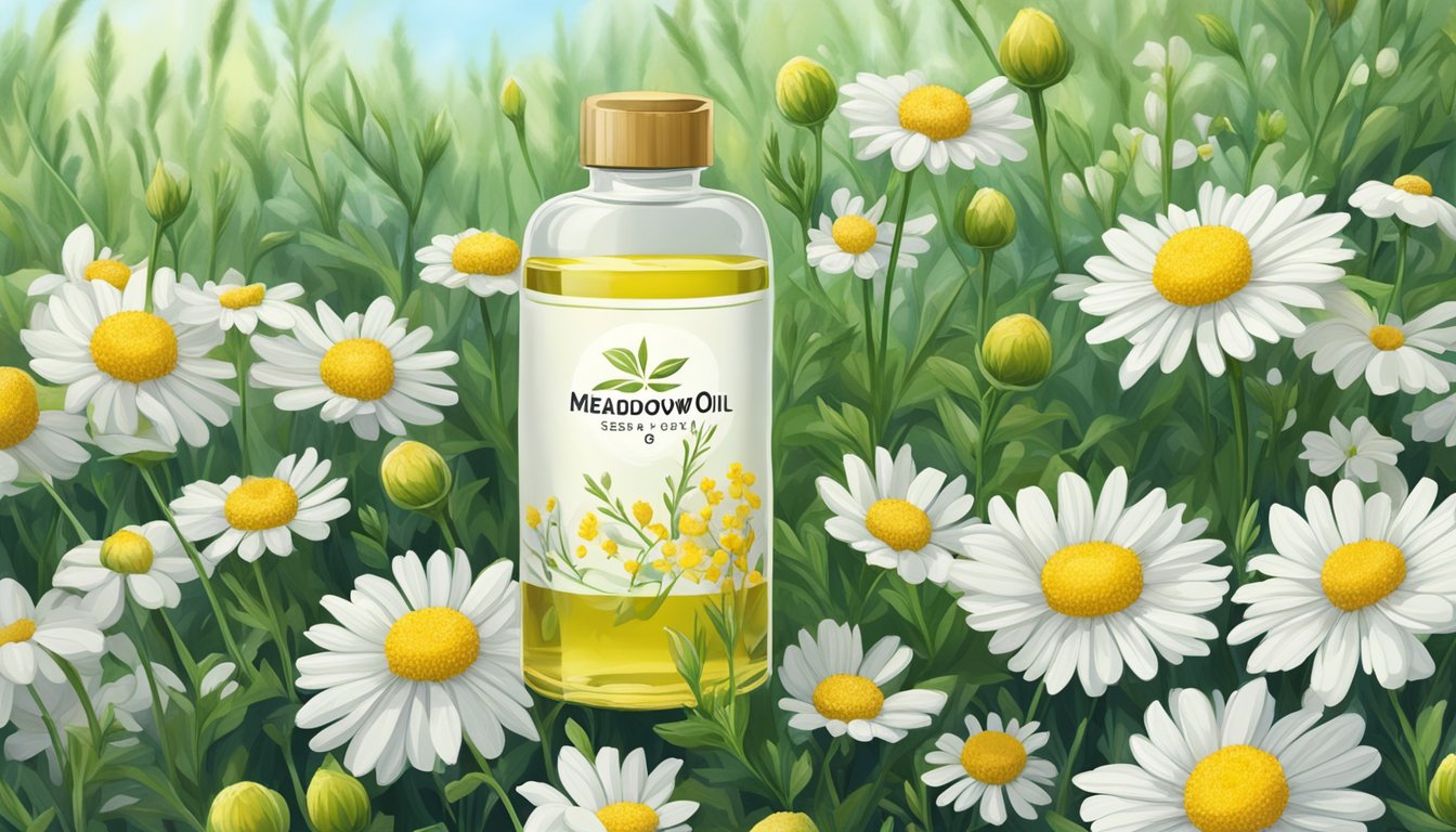 A bottle of cold pressed meadowfoam seed oil sits among blooming meadowfoam flowers, showcasing its natural and healthy properties